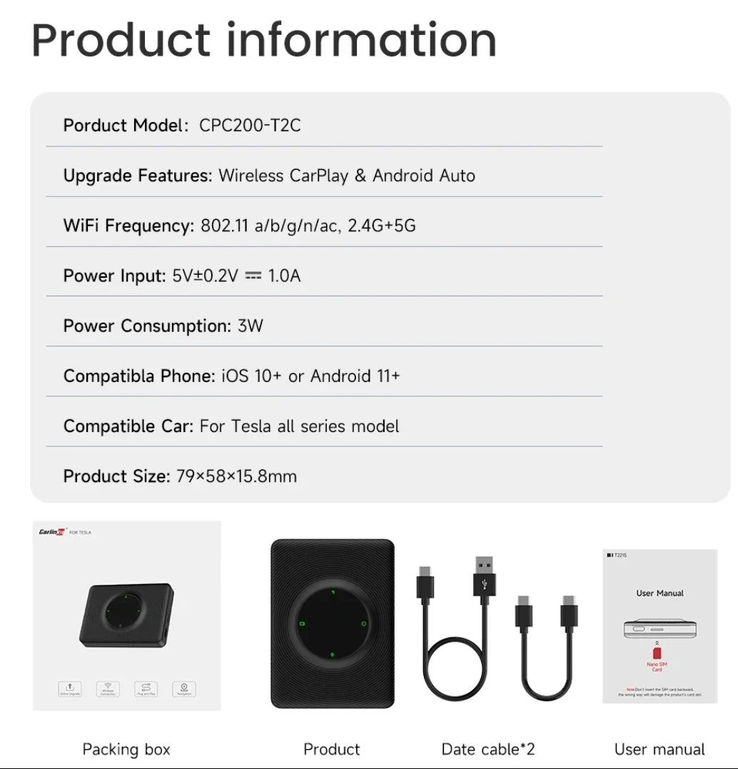 Adaptateur Carplay sans Fil pour Tesla Model 3, Y, S, X, CarPlay sans Fil pour iPhone & Android, Adaptateur CarPlay Wireless Convertir Filaire en Wireless CarPlay