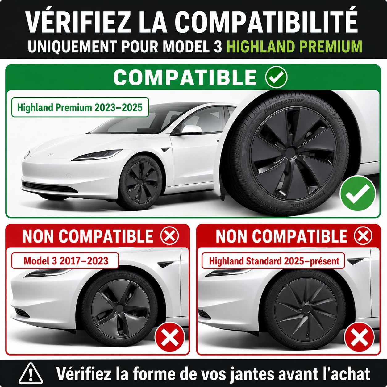 Lot de 4 Enjoliveurs 18 Pouces pour Tesla Model 3 Highland Premium 2023-2025 — Cache-Roues ABS