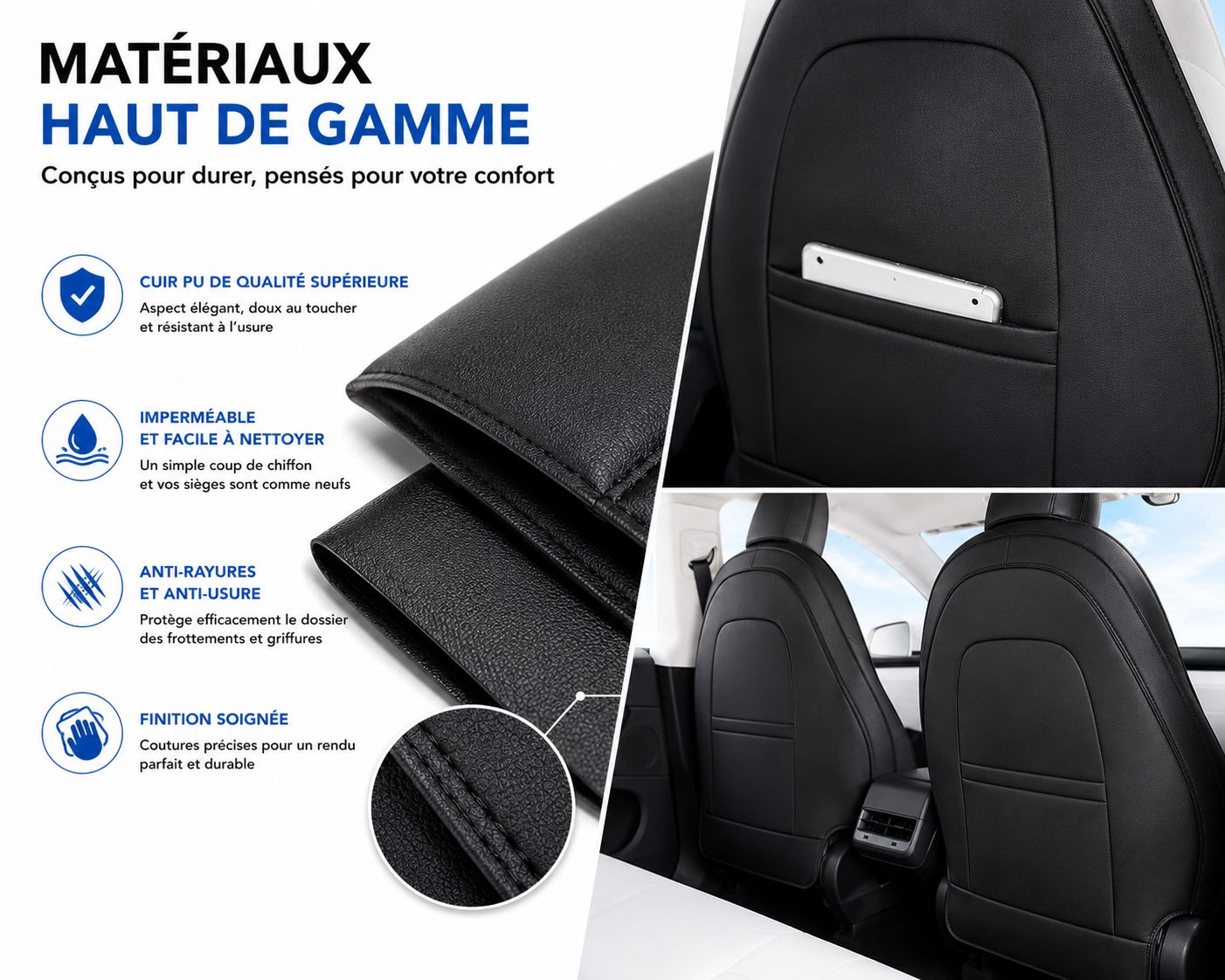 Set of 2 leather covers for front seat back protection TESLA model Y and 3