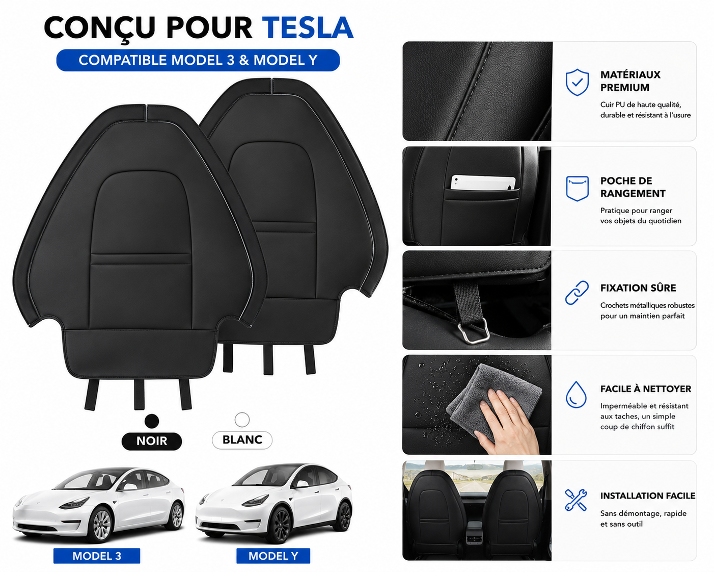Set of 2 leather covers for front seat back protection TESLA model Y and 3