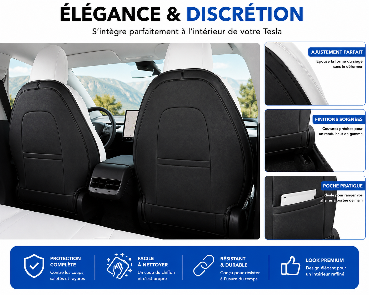 Set of 2 leather covers for front seat back protection TESLA model Y and 3